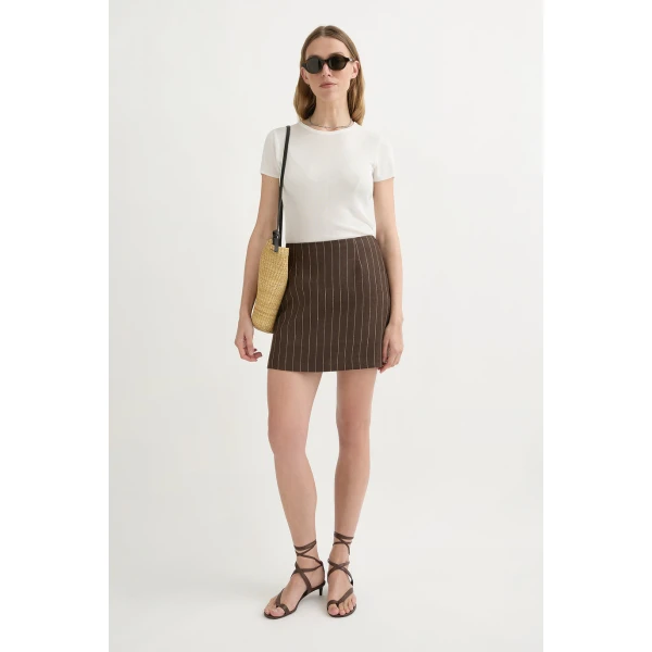 Posse Alice Skirt - Chocolate Cream Pinstripe – sustainable Skirts in Brown from Australian designer at Coveti.