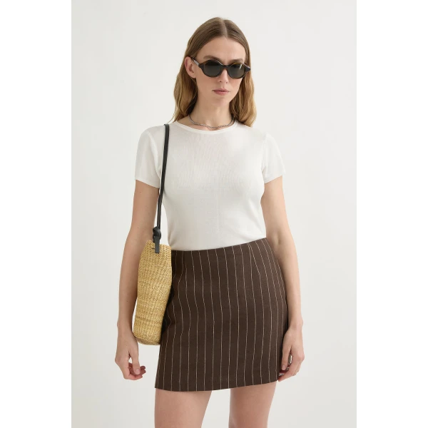 Posse Alice Skirt - Chocolate Cream Pinstripe – sustainable Skirts in Brown from Australian designer at Coveti.