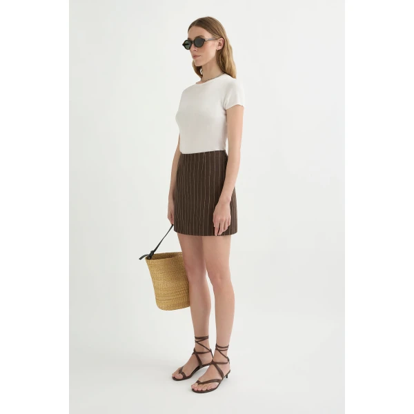 Posse Alice Skirt - Chocolate Cream Pinstripe – sustainable Skirts in Brown from Australian designer at Coveti.