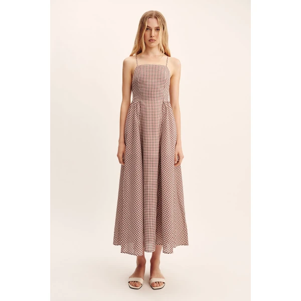 Posse Callie Dress - Petite Mocha Gingham – sustainable Dresses in Brown from Australian designer at Coveti.
