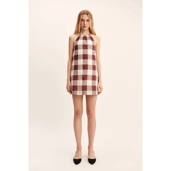 Posse Callie Mini Dress - Mocha Gingham – sustainable Dresses in Brown from Australian designer at Coveti.
