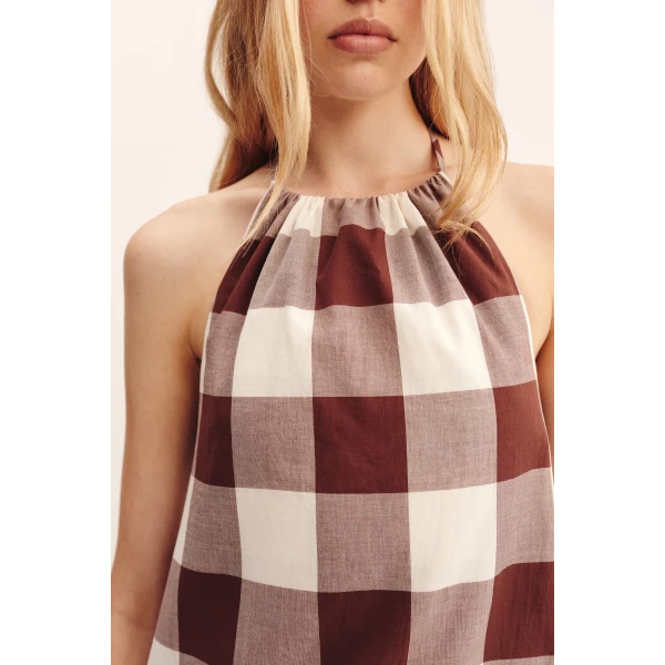 Posse Callie Mini Dress - Mocha Gingham – sustainable Dresses in Brown from Australian designer at Coveti.