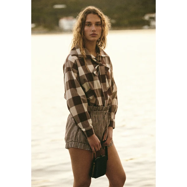 Posse Callie Shirt - Mocha Gingham – sustainable Tops in Brown from Australian designer at Coveti.