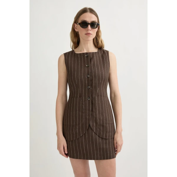 Posse Emma Vest - Chocolate Cream Pinstripe – sustainable Jackets in Brown from Australian designer at Coveti.