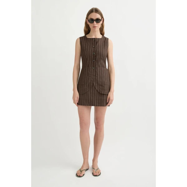 Posse Emma Vest - Chocolate Cream Pinstripe – sustainable Jackets in Brown from Australian designer at Coveti.