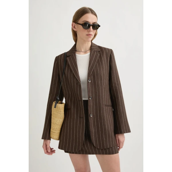 Posse Leon Blazer - Chocolate Cream Pinstripe – sustainable Jackets in Brown from Australian designer at Coveti.