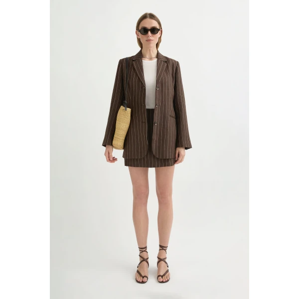 Posse Leon Blazer - Chocolate Cream Pinstripe – sustainable Jackets in Brown from Australian designer at Coveti.