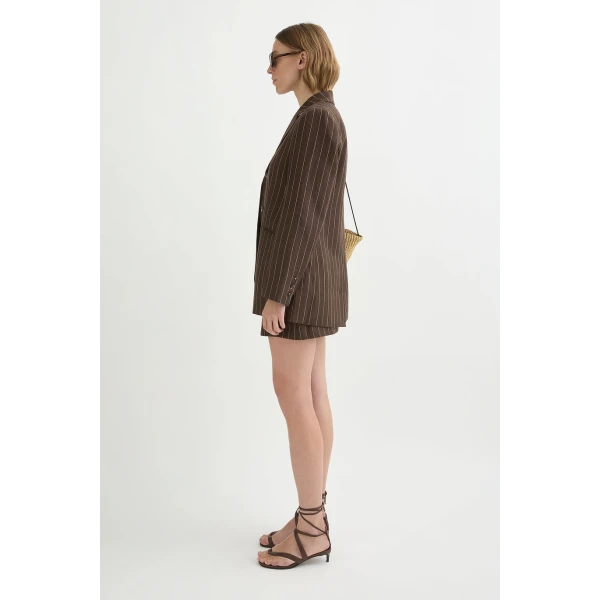 Posse Leon Blazer - Chocolate Cream Pinstripe – sustainable Jackets in Brown from Australian designer at Coveti.