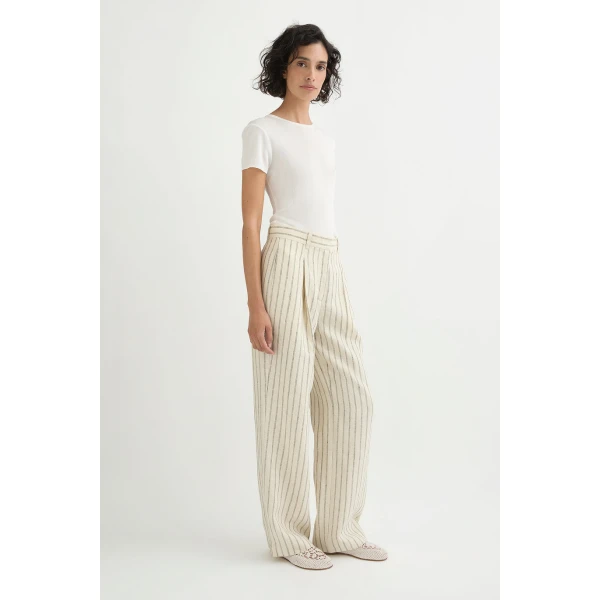 Posse Mackenzie Trouser - Cream Pinstripe – sustainable Pants in Ivory from Australian designer at Coveti.