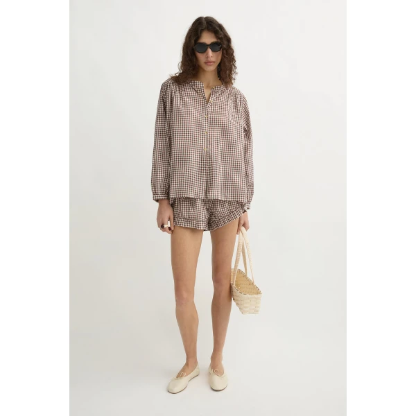 Posse Mira Shirt - Petite Mocha Gingham – sustainable Tops in Brown from Australian designer at Coveti.