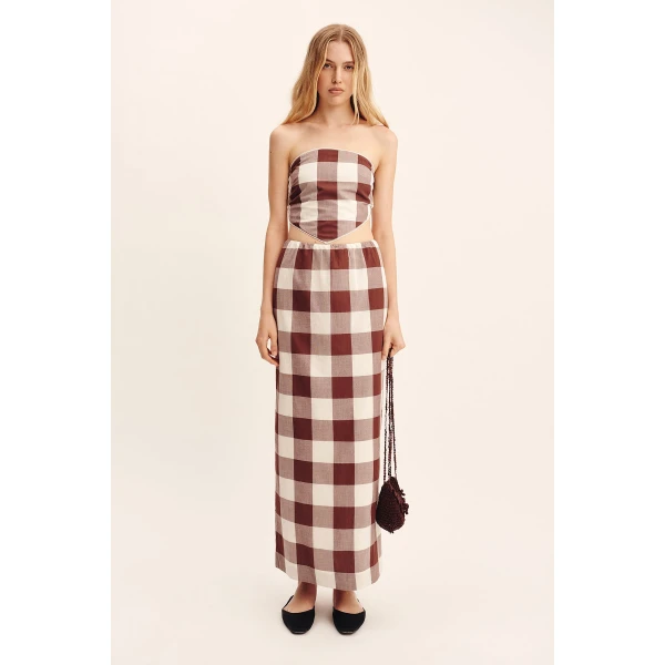 Posse Mira Skirt - Mocha Gingham – sustainable Skirts in Brown from Australian designer at Coveti.