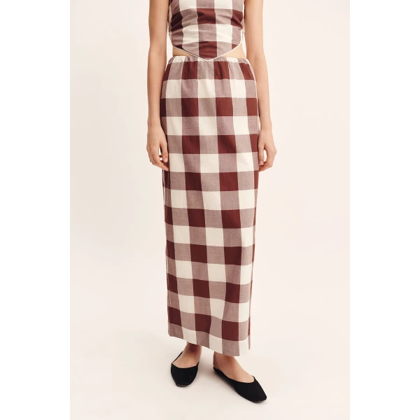 Posse Mira Skirt - Mocha Gingham – sustainable Skirts in Brown from Australian designer at Coveti.