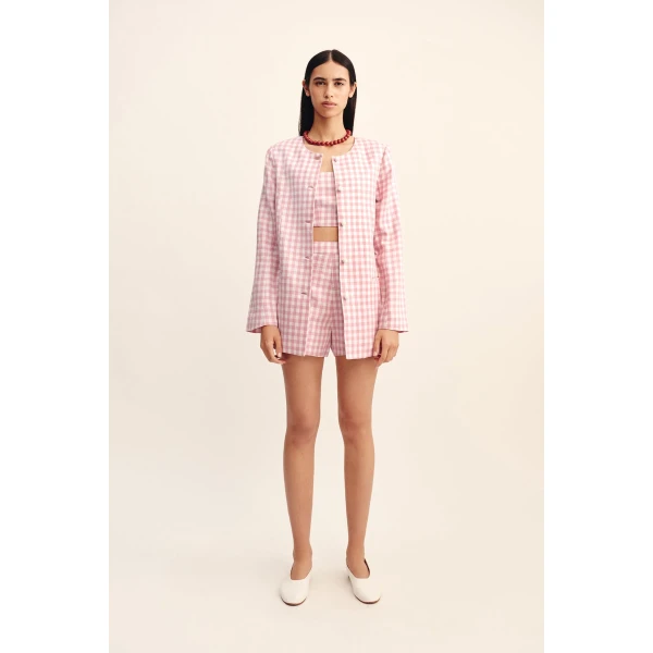 Posse Rio Shift Jacket - Pink Gingham – sustainable Jackets in Pink from Australian designer at Coveti.