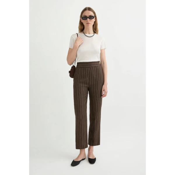 Posse Thea Trouser - Chocolate Cream Pinstripe – sustainable Pants in Brown from Australian designer at Coveti.