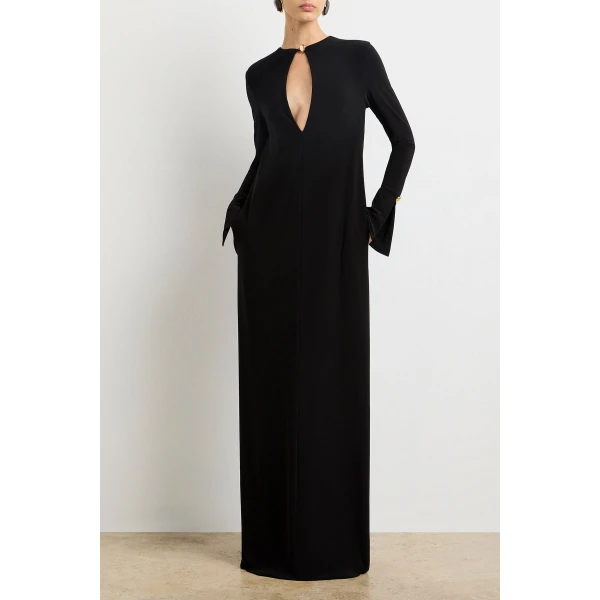Brandon Maxwell red evening dress styled with sleek accessories