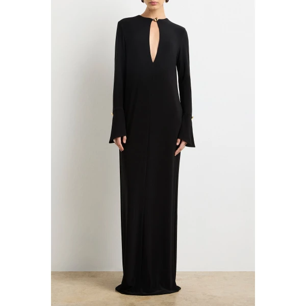 Brandon Maxwell red evening dress styled with sleek accessories