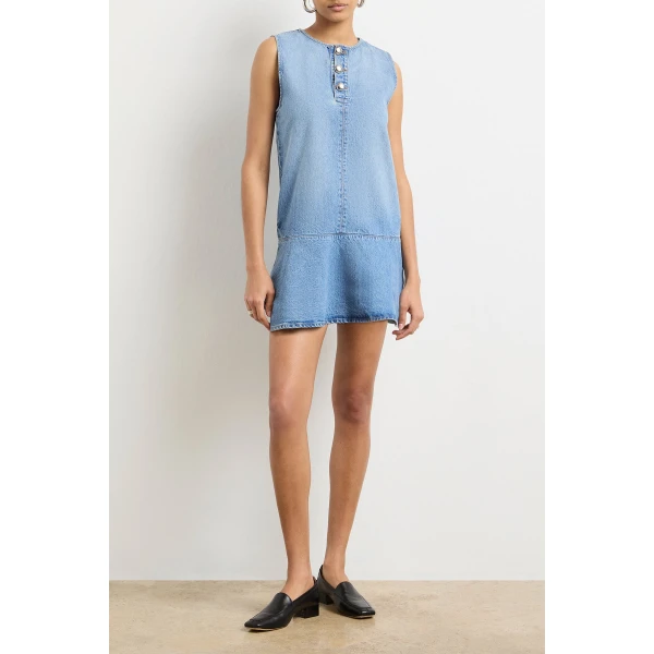 Brandon Maxwell Blue Dresses with sculptural silhouette photographed against minimal backdrop