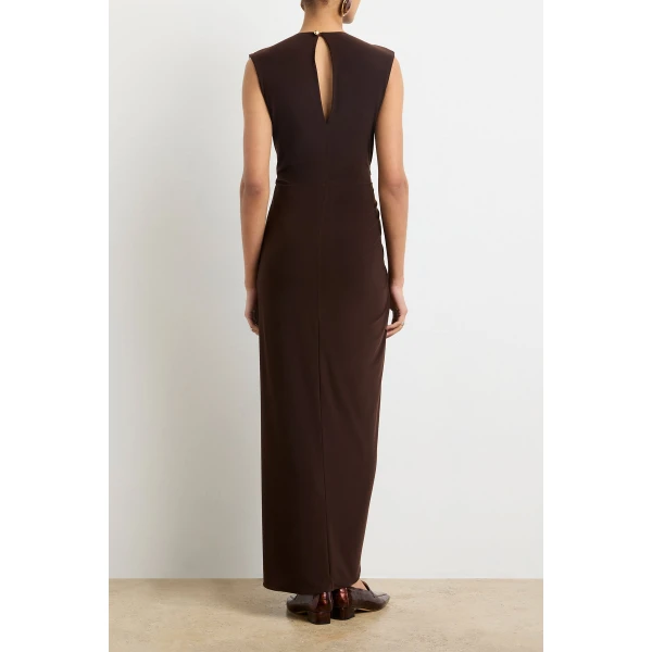 Brandon Maxwell red evening dress styled with sleek accessories
