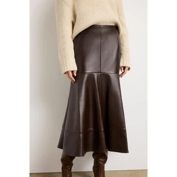Brandon Maxwell Brown Skirts with sculptural silhouette photographed against minimal backdrop