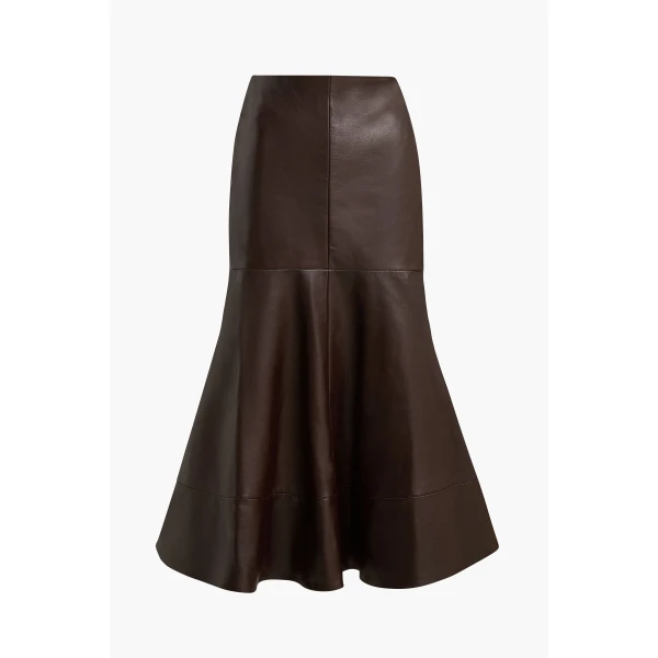 Brandon Maxwell Brown Skirts with sculptural silhouette photographed against minimal backdrop