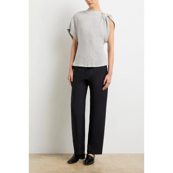 Brandon Maxwell Gray Tops with sculptural silhouette photographed against minimal backdrop