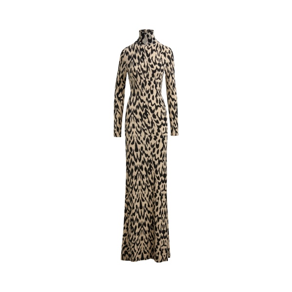 Brandon Maxwell The Camille Hand Printed Cashmere Turtleneck Dress in Abstract Leopard
