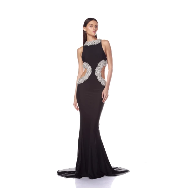 Bronx and Banco Camila Black Rhinestone Cutout Gown, view 2