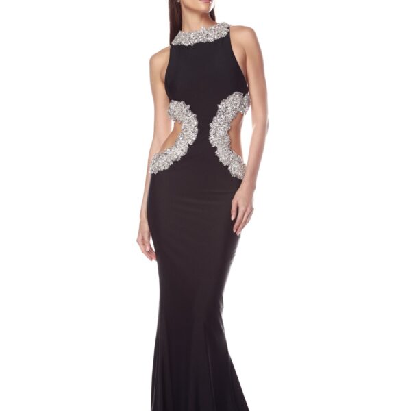 Bronx and Banco Black Camila Black Rhinestone Cutout Gown  a harmonious blend of structured elegance and timeless sophistication.