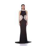 Bronx and Banco Black Camila Black Rhinestone Cutout Gown  a harmonious blend of structured elegance and timeless sophistication
