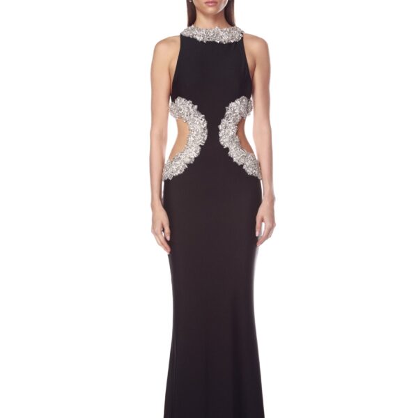 Bronx and Banco Black Camila Black Rhinestone Cutout Gown  a harmonious blend of structured elegance and timeless sophistication