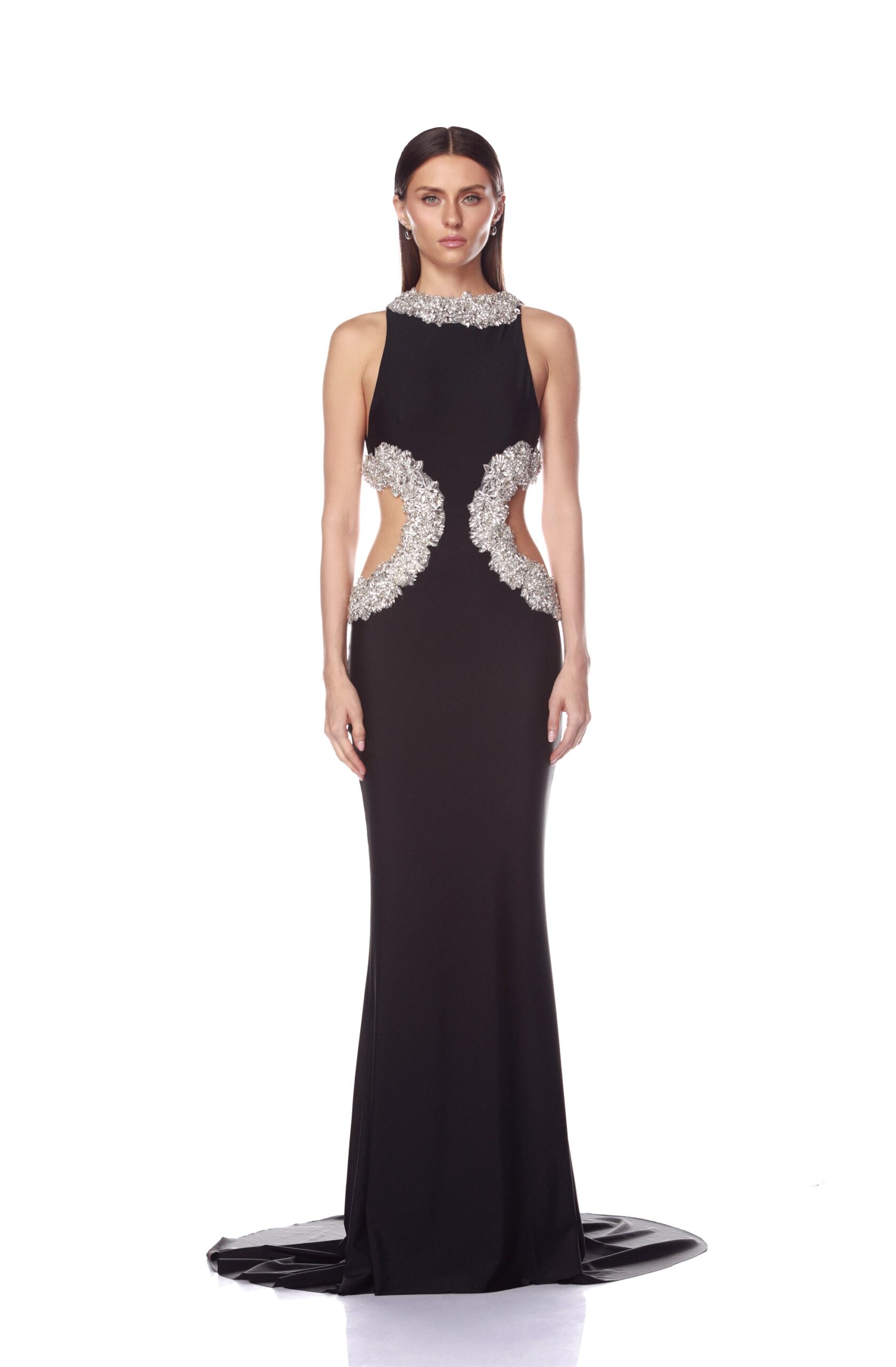 Bronx and Banco Camila Black Rhinestone Cutout Gown Bronx and Banco Black Camila Black Rhinestone Cutout Gown a harmonious blend of structured elegance and timeless sophistication