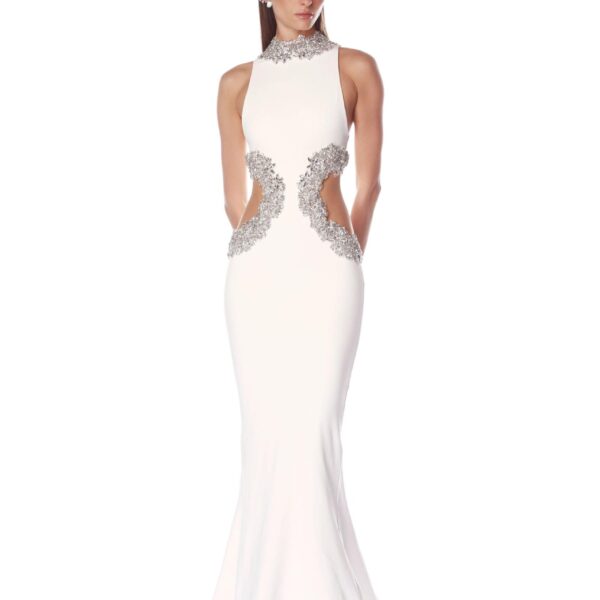 Bronx and Banco White Camila White Rhinestone Cutout Gown  a harmonious blend of structured elegance and timeless sophistication.