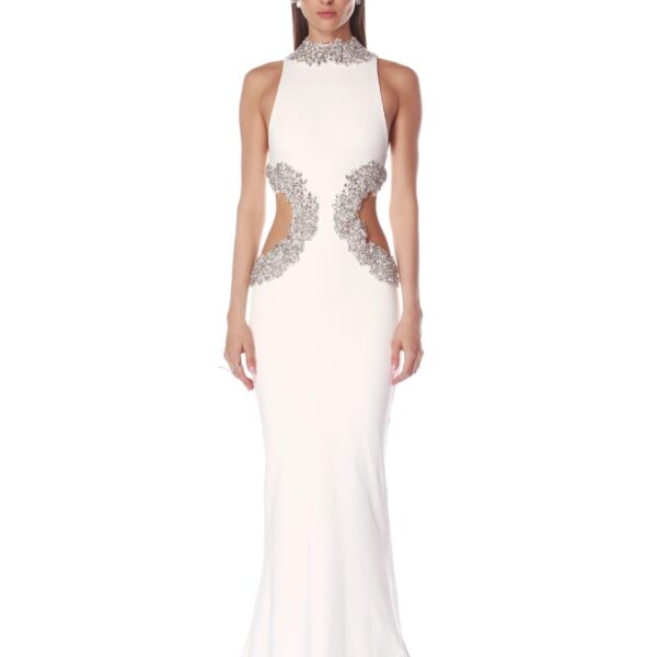 Bronx and Banco White Camila White Rhinestone Cutout Gown  a harmonious blend of structured elegance and timeless sophistication