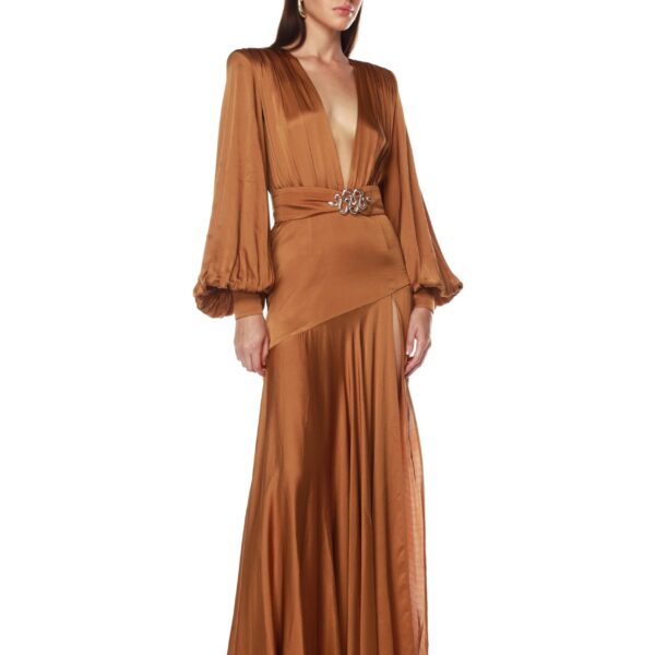 Bronx and Banco Brown Carmen Copper Maxi Dress  a harmonious blend of structured elegance and timeless sophistication.