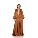 Bronx and Banco Brown Carmen Copper Maxi Dress  a harmonious blend of structured elegance and timeless sophistication