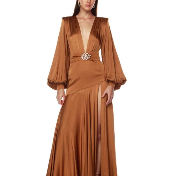 Bronx and Banco Brown Carmen Copper Maxi Dress  a harmonious blend of structured elegance and timeless sophistication