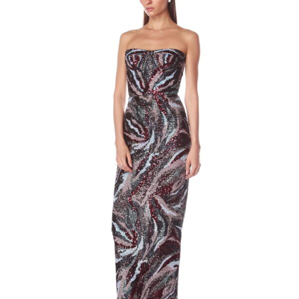 Bronx and Banco Pink Dahlia Pink Multi Strapless Maxi Dress  a harmonious blend of structured elegance and timeless sophistication.