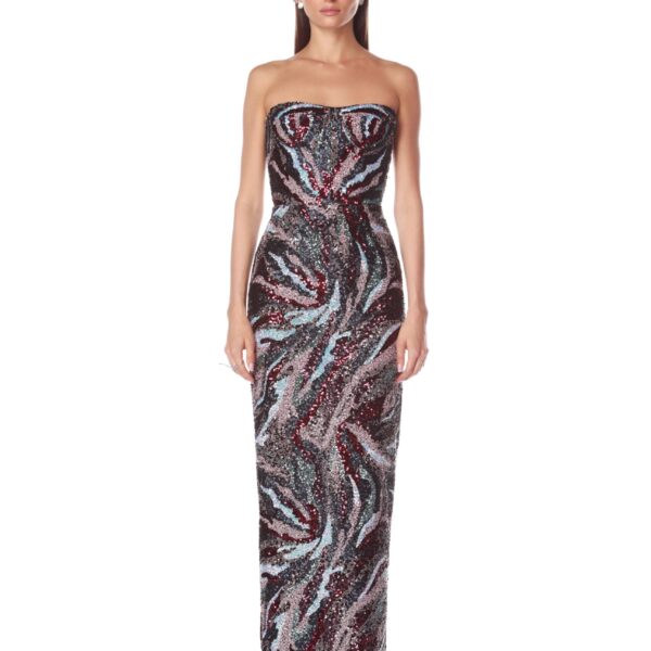 Bronx and Banco Pink Dahlia Pink Multi Strapless Maxi Dress  a harmonious blend of structured elegance and timeless sophistication