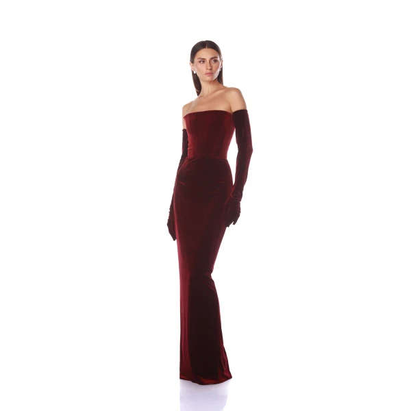 Bronx and Banco Florentina Burgundy Strapless Velvet Gown, view 2
