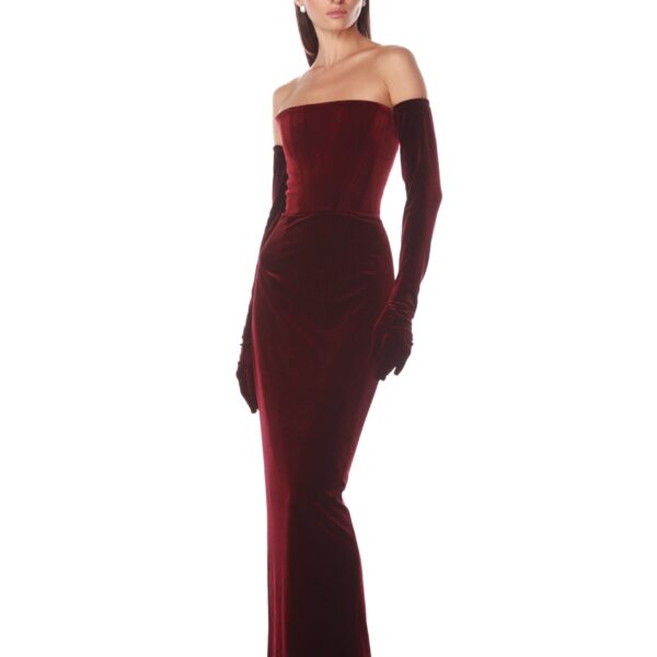 Bronx and Banco Red Florentina Burgundy Strapless Velvet Gown  a harmonious blend of structured elegance and timeless sophistication.