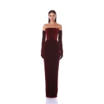 Bronx and Banco Red Florentina Burgundy Strapless Velvet Gown  a harmonious blend of structured elegance and timeless sophistication