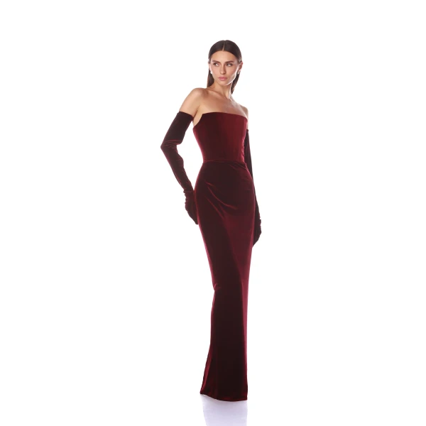 Bronx and Banco Florentina Burgundy Strapless Velvet Gown, view 3