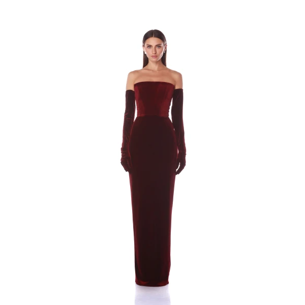 Bronx and Banco Florentina Burgundy Strapless Velvet Gown