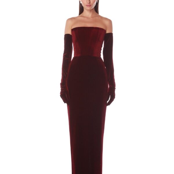 Bronx and Banco Red Florentina Burgundy Strapless Velvet Gown  a harmonious blend of structured elegance and timeless sophistication