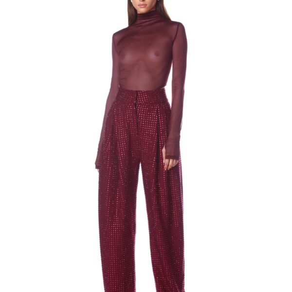 Bronx and Banco Red Gaia Mesh Burgundy Long Sleeve Bodysuit  a harmonious blend of structured elegance and timeless sophistication.