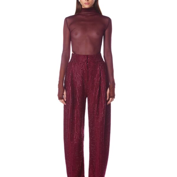 Bronx and Banco Red Gaia Mesh Burgundy Long Sleeve Bodysuit  a harmonious blend of structured elegance and timeless sophistication