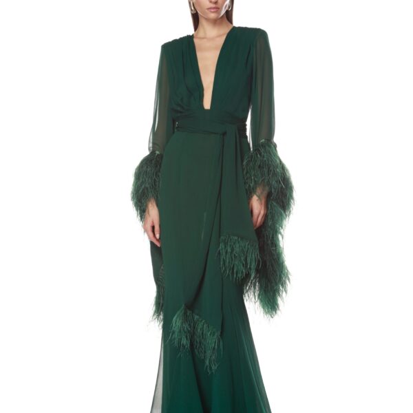 Bronx and Banco Green Geisha V-Neck Green Gown  a harmonious blend of structured elegance and timeless sophistication.