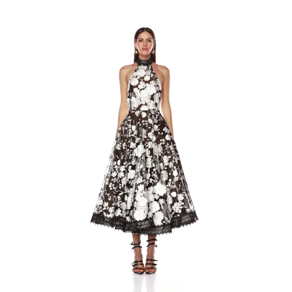 Bronx and Banco Greta Bouquet Black and White Midi Dress