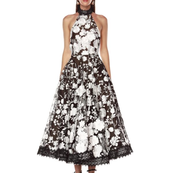 Bronx and Banco Black Greta Bouquet Black and White Midi Dress  a harmonious blend of structured elegance and timeless sophistication