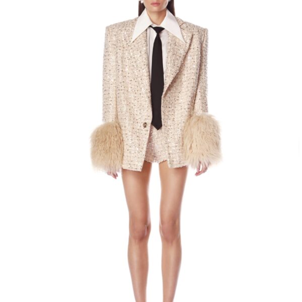Bronx and Banco Beige Kacey Tan Sequin Blazer  a harmonious blend of structured elegance and timeless sophistication